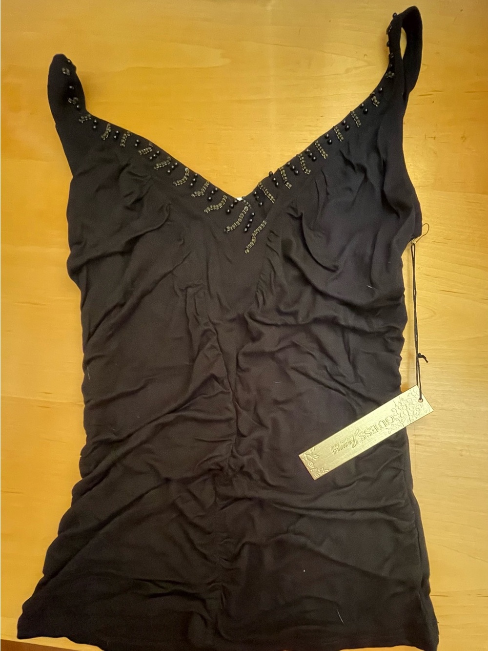 NWT Guess Jeans Black Beaded Ruched Top – Size S – New with Tags